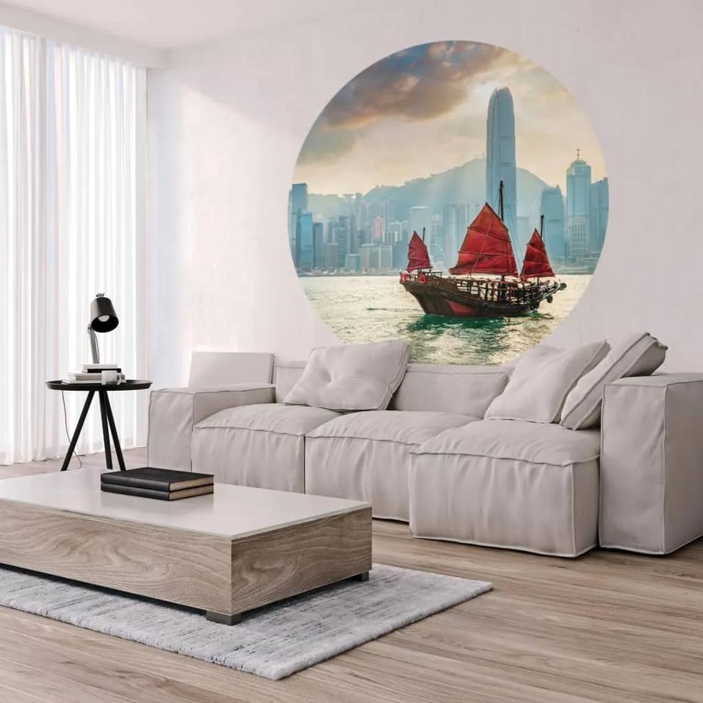 WallArt Papel de parede circular "Skyline with Junk Boat" 190 cm