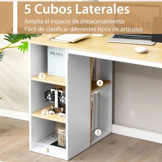 Secretária com 5 Estantes de computador com estrutura metálica 115 x 59,5 x 75 cm Natural e branco