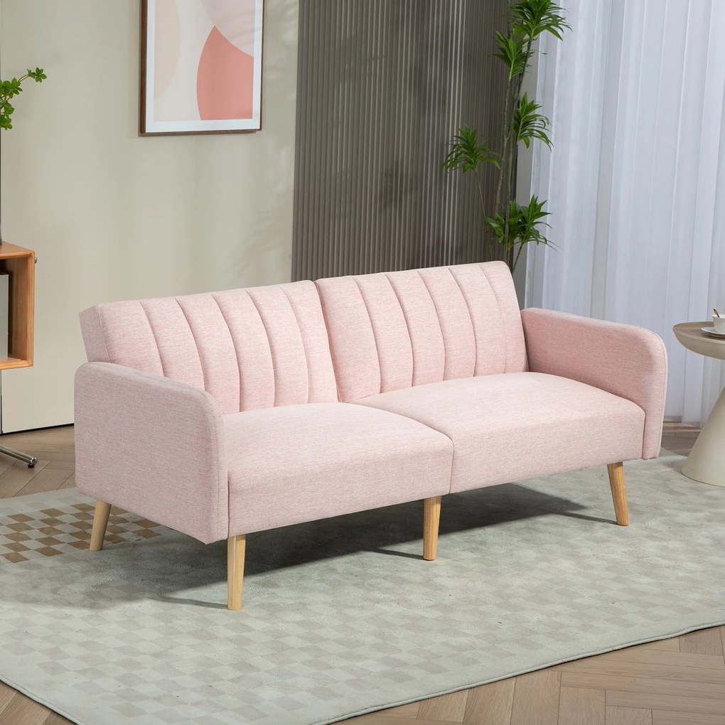 Sofá Cama de 2 Lugares com Encosto Ajustável em 3 Posições Apoio para os Braços e Pés de Madeira 173x75x73 cm Rosa