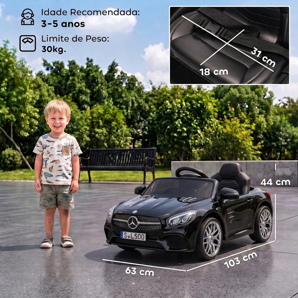Carro Elétrico Infantil Mercedes-Benz SL500 12V com Comando à Distância 2,4 GHz, 2 Motores, Suspensão e Arranque Suave, Preto
