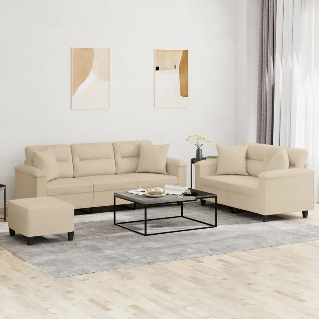 vidaXL 3 pcs conjunto sofás c/ almofadas tecido microfibra cor creme