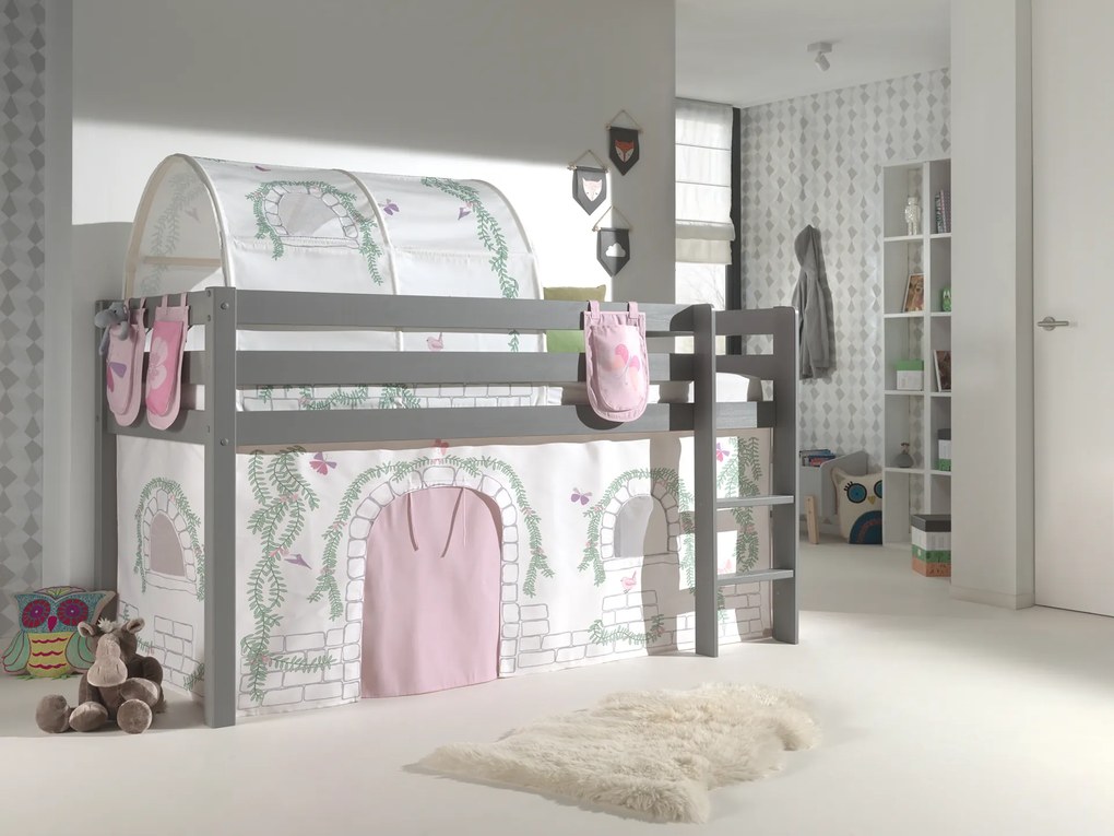 Conjunto Cama alta de Criança PINO 90 x 200 cm + estrado + escada + cortina + 3 Bolsas + Tunel Pássaro Cinzenta