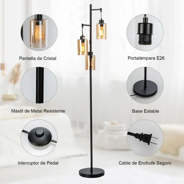 Candeeiro de pé com abajur de vidro âmbar de 3 cabeças, interruptor de pé, base de metal para quarto, 24,5 x 164 cm, preto