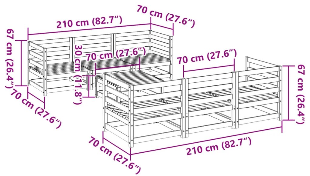 7 pcs conjunto sofás de jardim madeira de pinho castanho cera