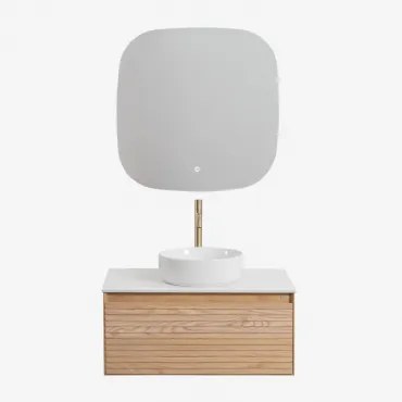 Conjunto De Móvel De Casa De Banho Suspenso Em Madeira De Freixo Tedrik Castanho Fresno & Cerâmica Redonda Branca Ø40 Cm Lenka & - Sklum