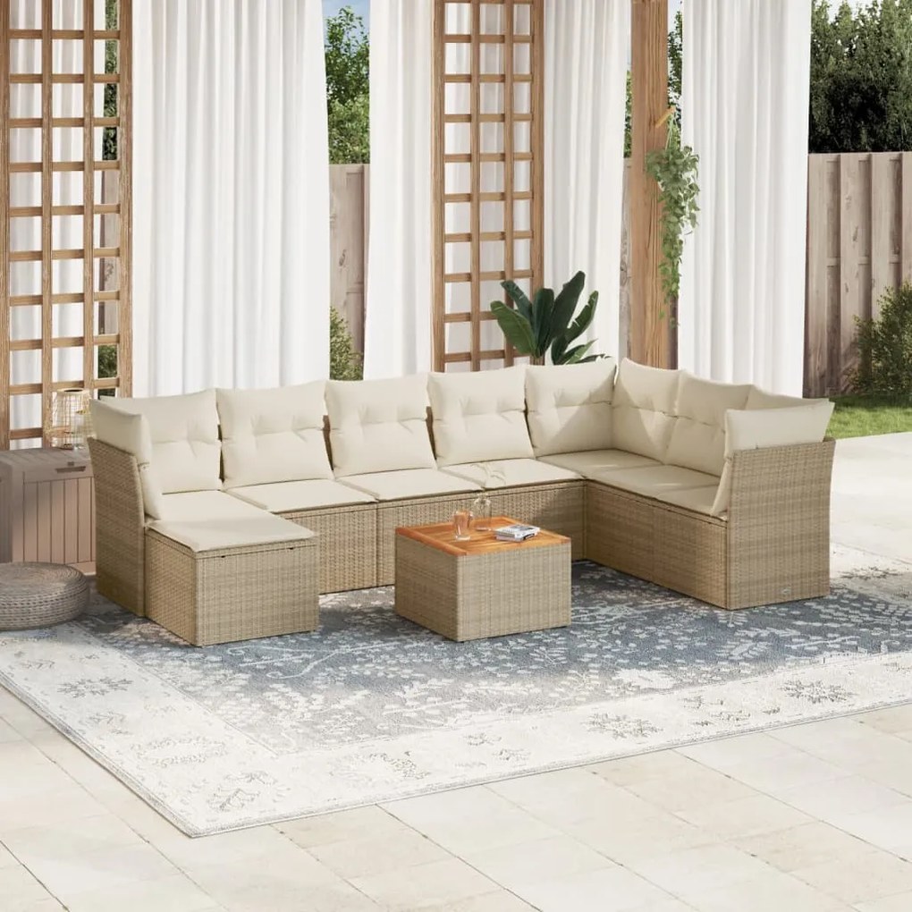 9 pcs conjunto de sofás p/ jardim com almofadões vime PE bege
