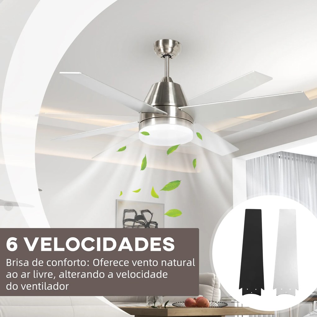 Ventoinha de Teto com Luz 46W Ø129 cm com 4 Lâminas Reversíveis Controlo Remoto 6 Velocidades e Temporizador Prata