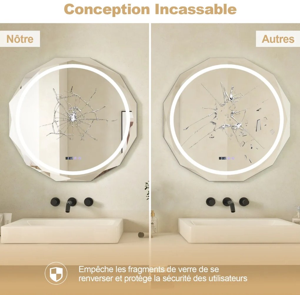 Espelho de banheiro antiembaçante com luz LED de 3 cores, função de memória, leitura de hora e temperatura