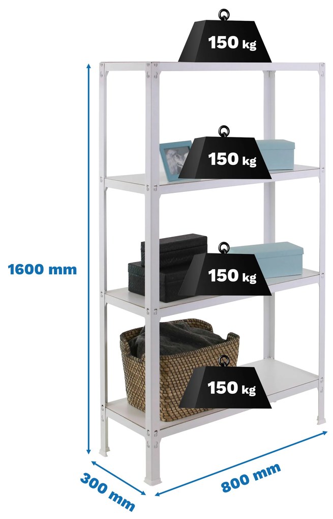 Estante com 4 Prateleiras madeira SIMONHOME CLICK WOOD MINI 4/300 BRANCO/BRANCO Capacidade P/ prateleira 150 Kg Dimensões 1600x800x300 mm