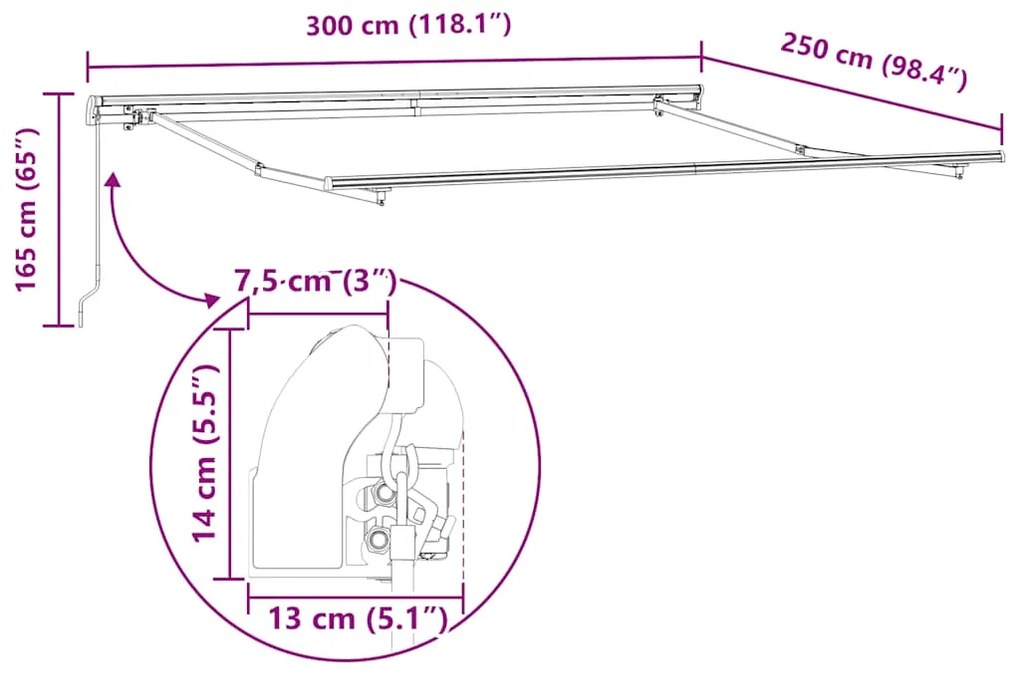 Toldo retrátil manual 300x250 cm antracite e branco