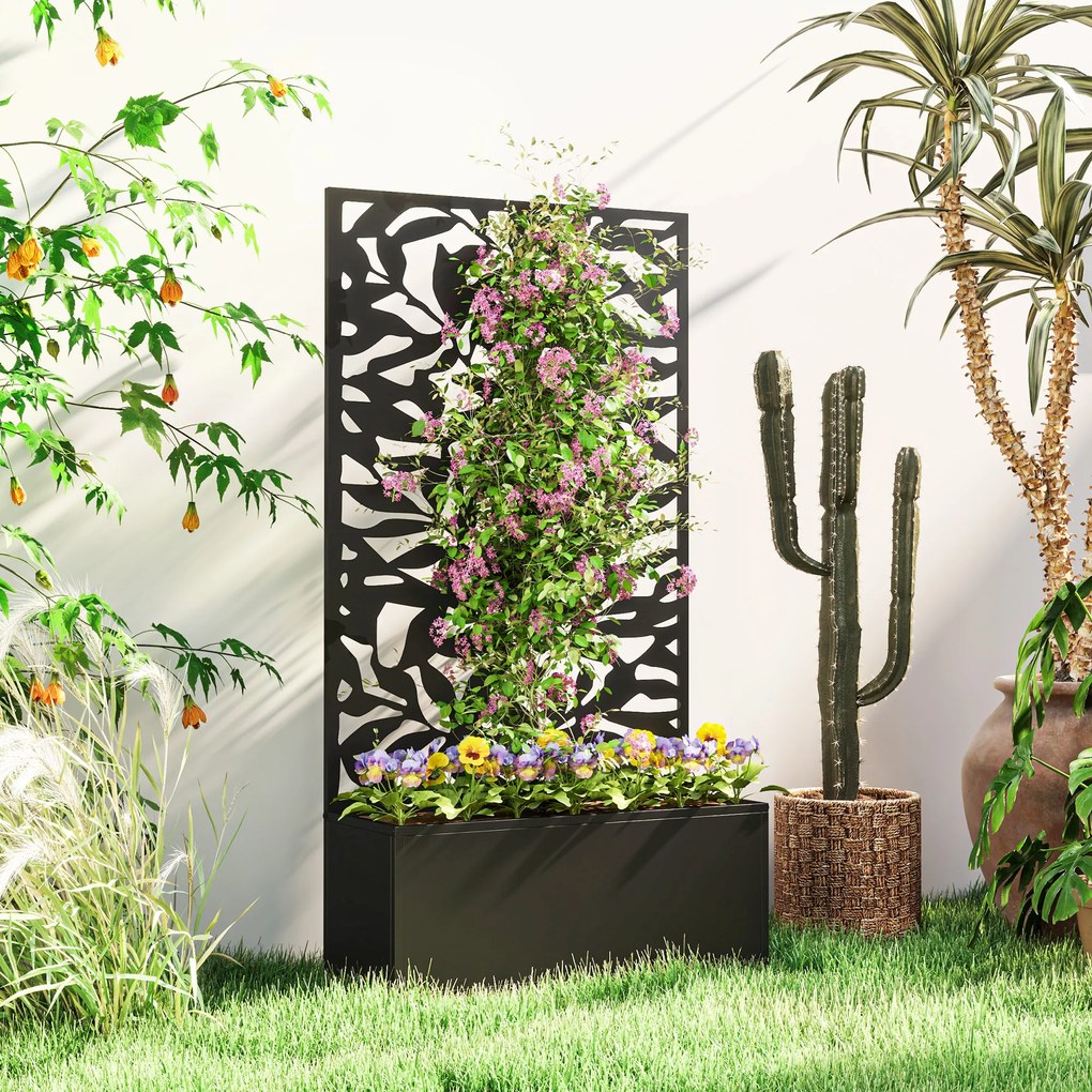 Floreira com treliça 61 x 23 x 113 cm, floreira retangular com painel de privacidade em metal, preto