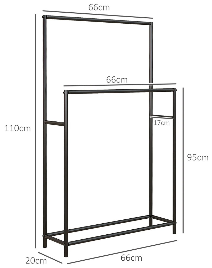 Toalheiro de Pé de 2 Níveis Toalheiro Casa de Banho com 2 Barras e Estrutura de Metal 66x20x110 cm Preto