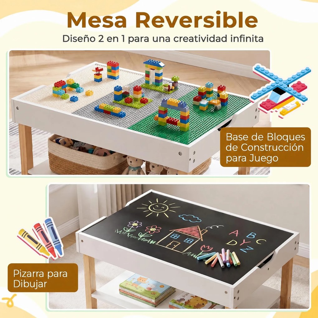 Mesa Infantil de Atividades, 81 x 55 x 40 cm, Tampo Reversível 2 em 1, Branco