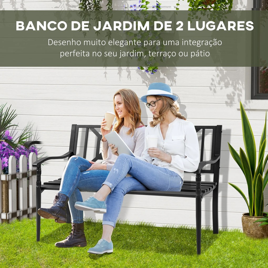 Banco de Jardim de 2 Lugares Banco de Exterior de Aço com Apoio para os Braços e Encosto Decorativo para Terraço Varanda Pátio Carga 280kg 128x62,5x81