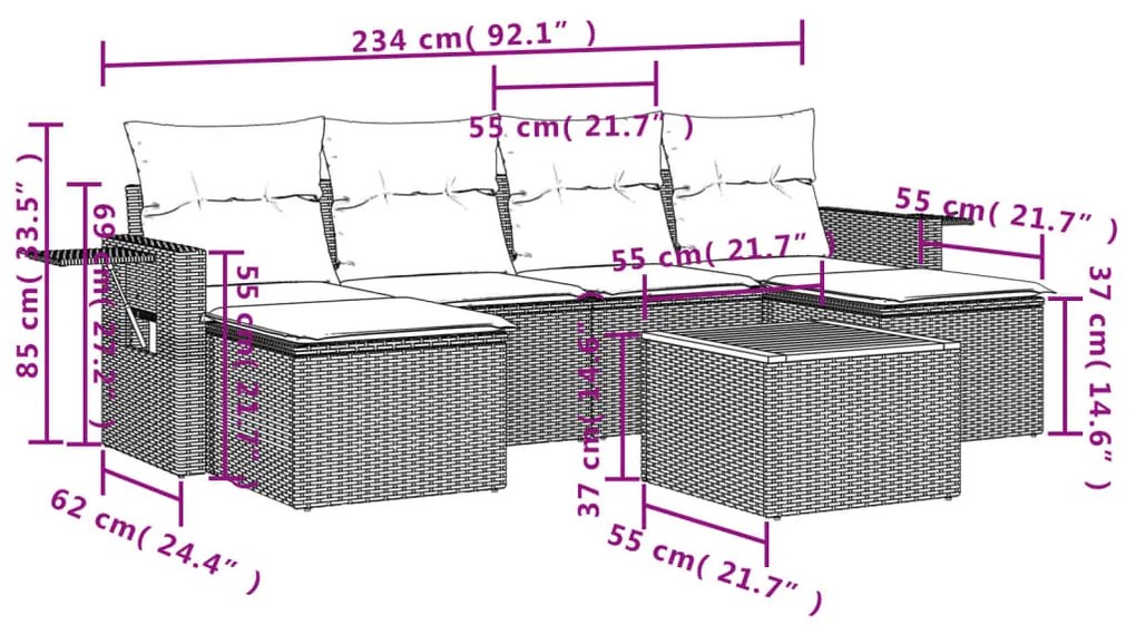 7 pcs conjunto de sofás p/ jardim com almofadões vime PE bege