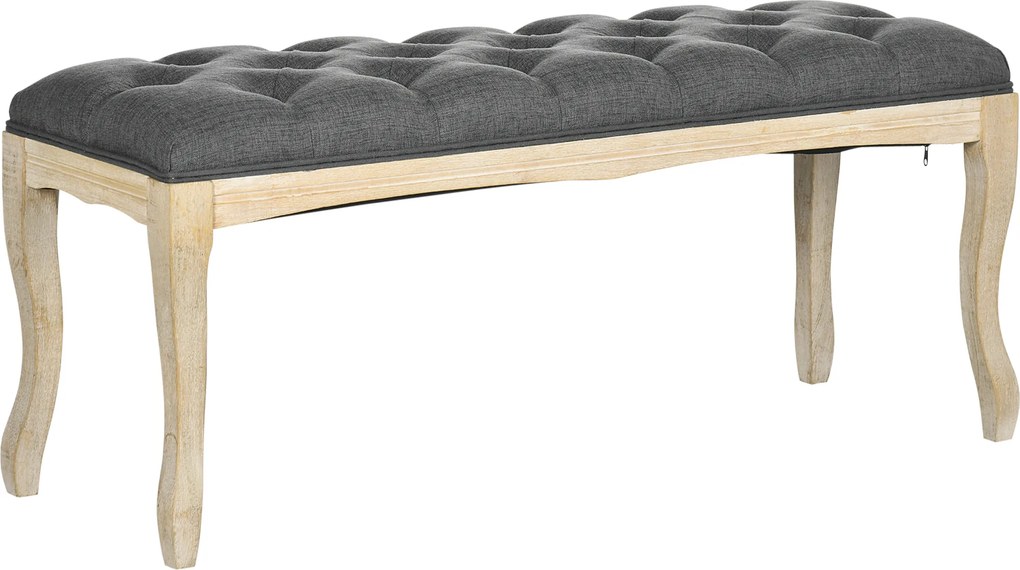 Banco estofado estilo clássico, 110 cm, para colocar ao pé da cama, estofado em linho, com base em madeira de hevea esculpida, linho cinzento