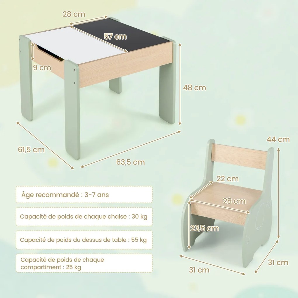 Conjunto de assentos infantis de madeira 4 em 1, 3 peças, com mesa removível e espaço de armazenamento, rosa