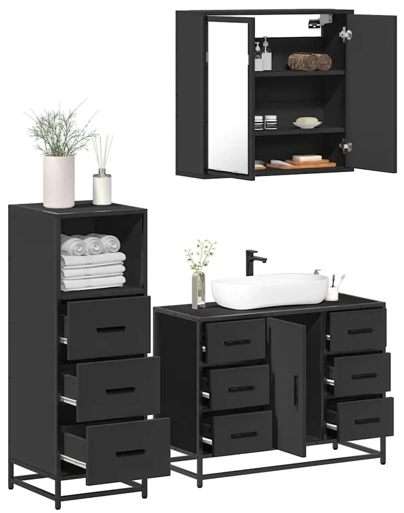 vidaXL 3 pcs conjunto móveis casa de banho derivados de madeira preto