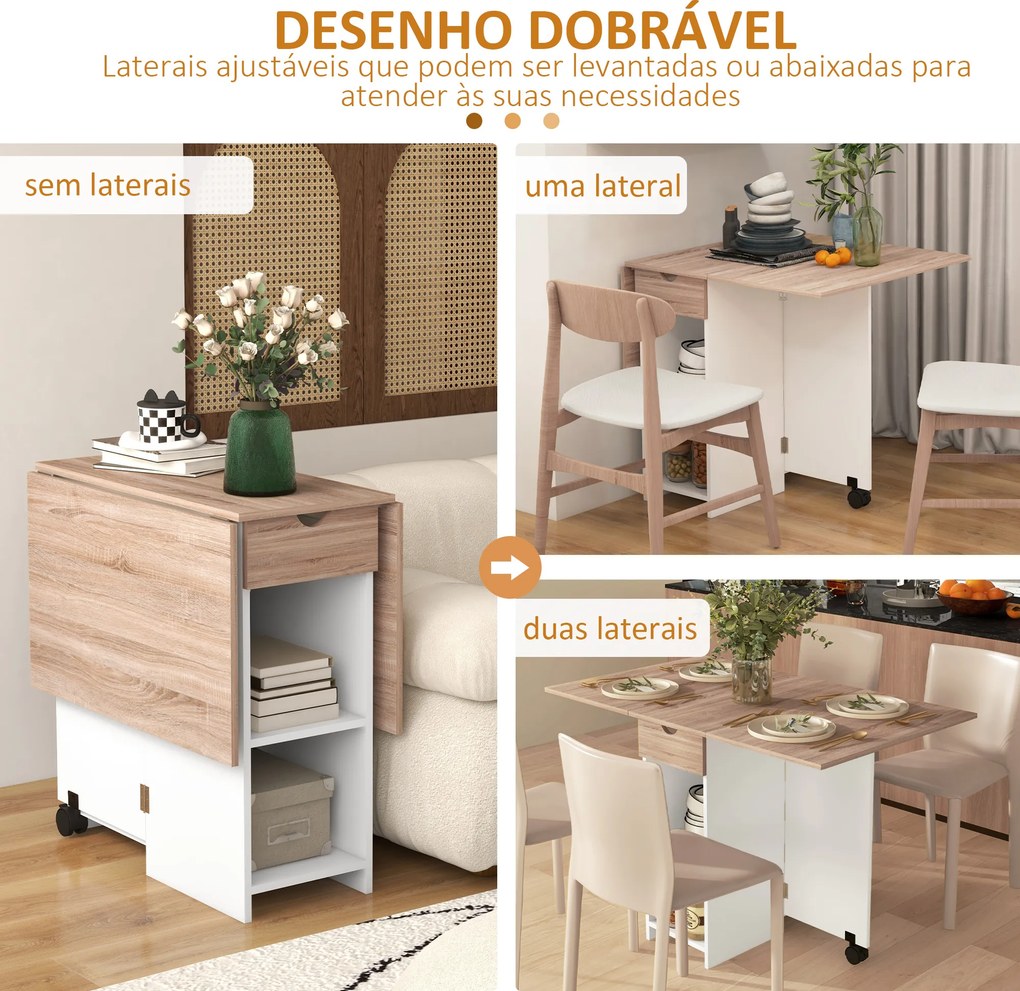 Mesa de Cozinha Dobrável com Rodas Laterais Rebatíveis Gaveta e Prateleiras para 2-4 Pessoas 120x72x75 cm Madeira Branco