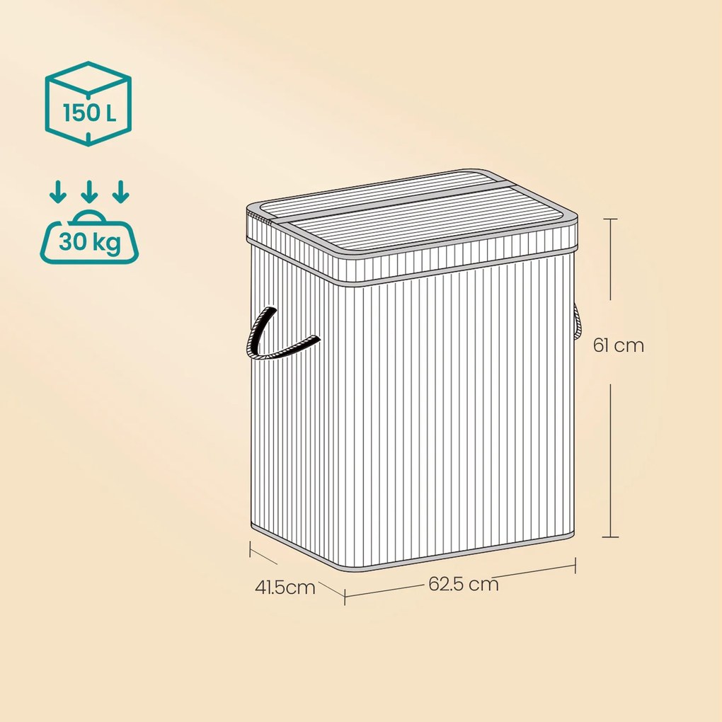 Cesto para roupa suja em bambu de 41,5 x 62,5 x 61 cm branco