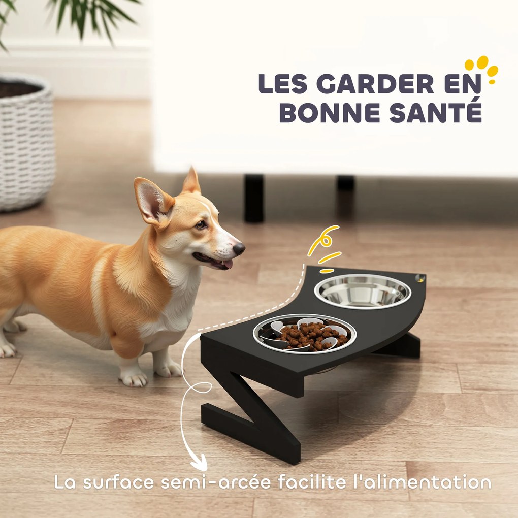Comedouro elevado para cães com suporte, incluindo 2 tigelas de aço inoxidável de 1 litro, 52,5 x 30 x 16,5 cm, preto