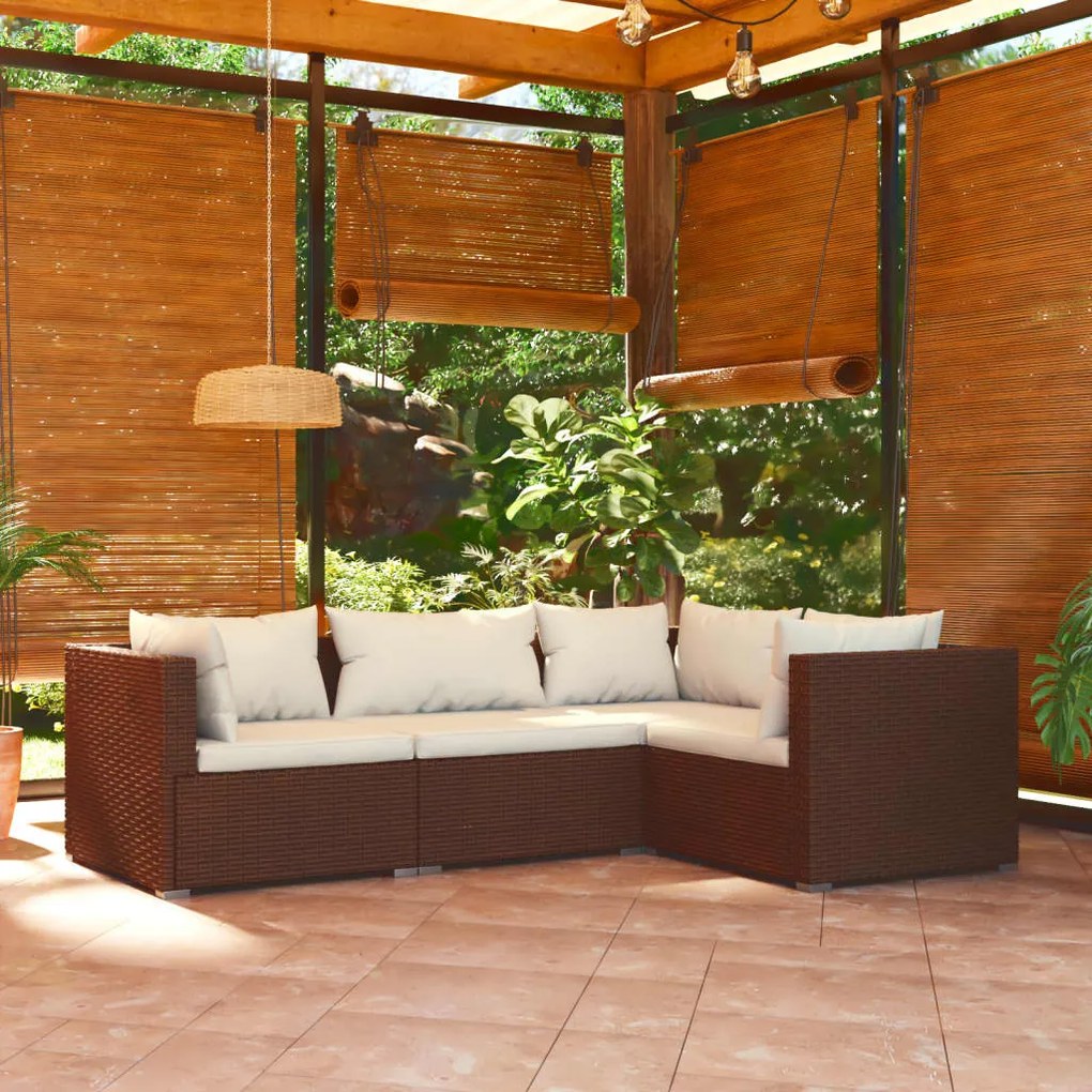 vidaXL 4 pcs conjunto lounge jardim c/ almofadões vime PE castanho