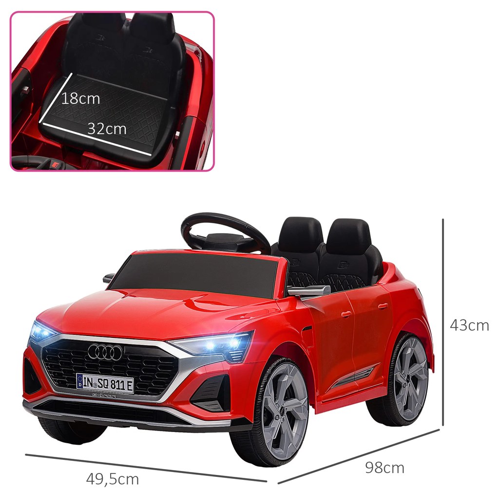 Carro Elétrico para Crianças Carro Audi Q8 Etron Sportback Infantil 12V Faróis Buzina e Música 98x49,5x43 cm Vermelho