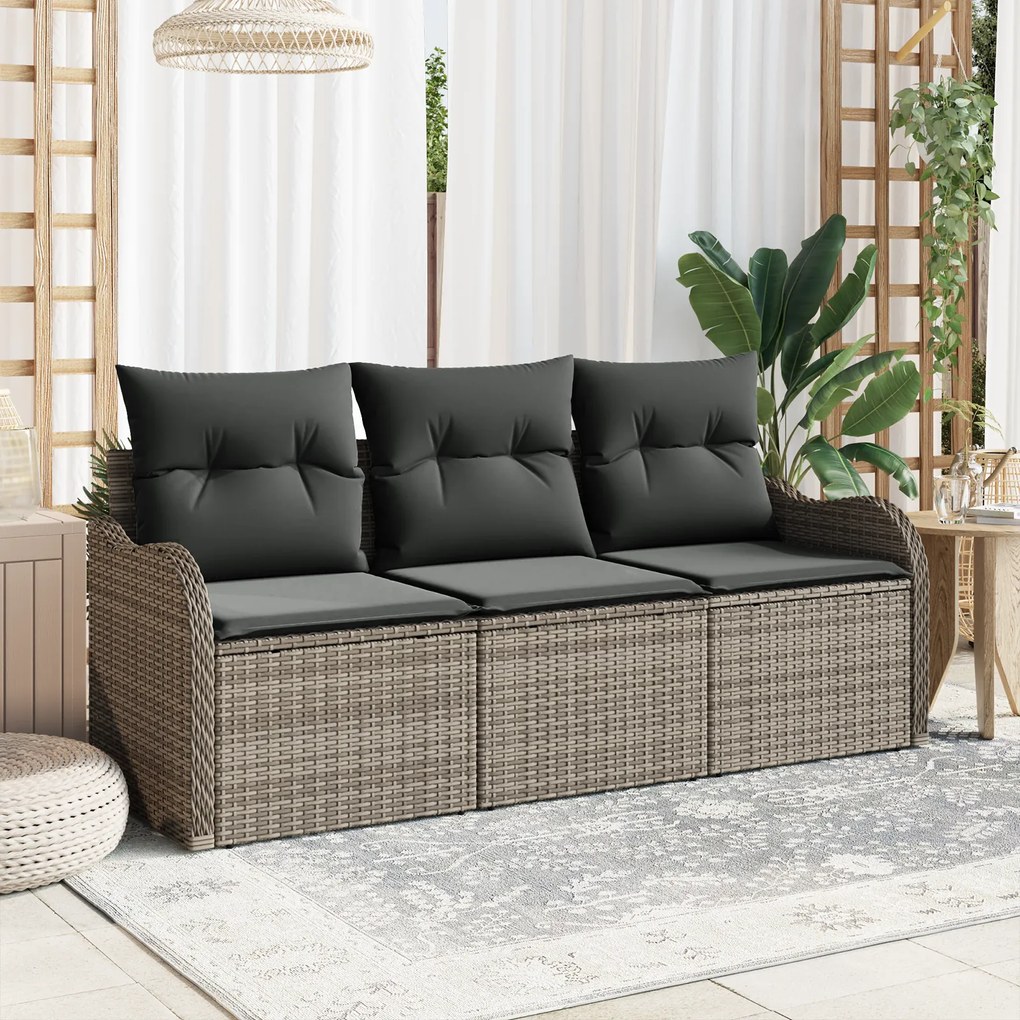 vidaXL Conjunto de Sofá de Jardim de 3 Peças com Almofadas em Cinza Rattan Polimérico