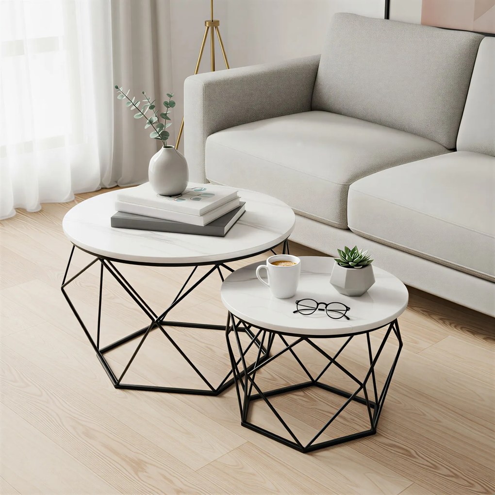 Conjunto de 2 mesas de centro redondas modernas em branco imitação mármore  e preto