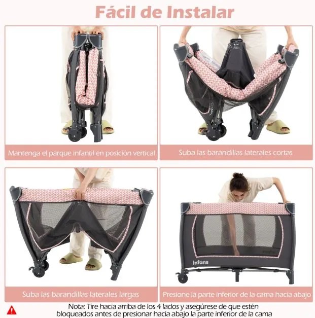 Berço com Centro de atividades 5 em 1 para bebés, parque e mesa para trocar fraldas. Inclui brinquedos suspensos, caixa de música, rodas e cesto. Pret