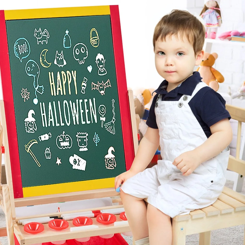 Quadro infantil 3 em 1 Dupla Face para Crianças com Rolo de Papel Magnético 2 Gizes e Outros Acessórios de Desenho 79 x 52,5 x 106,5 cm