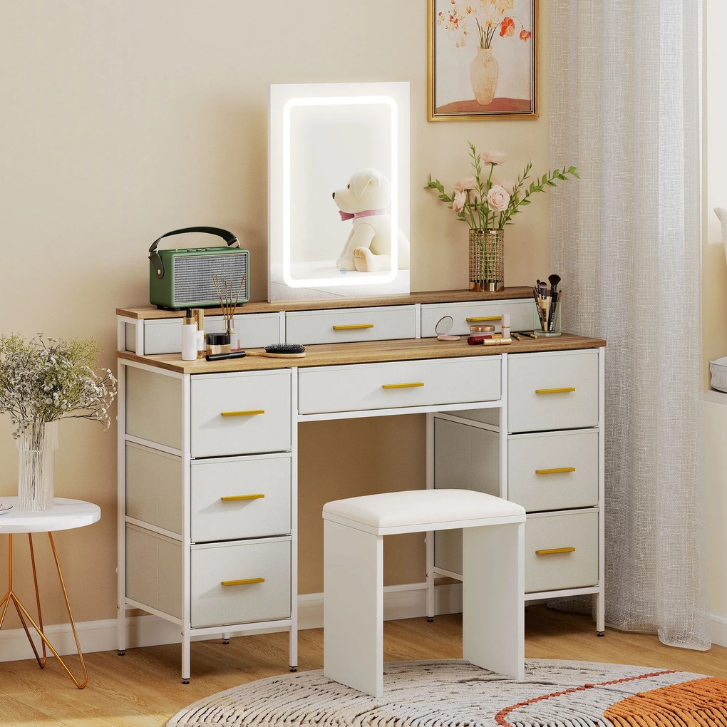 Toucador com Luzes LED de 3 Cores Espelho 10 Gavetas de TECIDO e Pés em Aço 118,5x39,5x140 cm Madeira