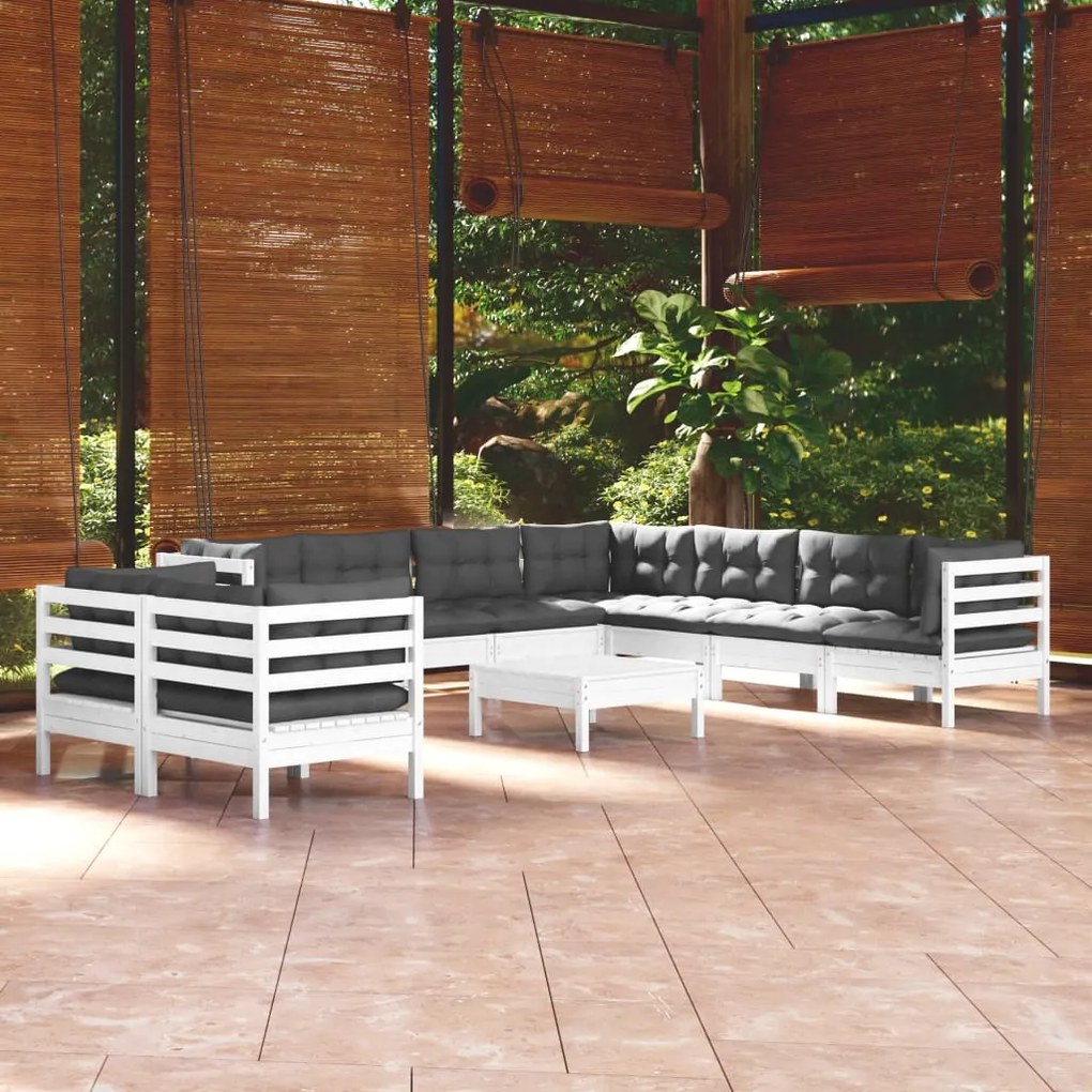 10 pcs conj. lounge de jardim c/ almofadões pinho maciço branco