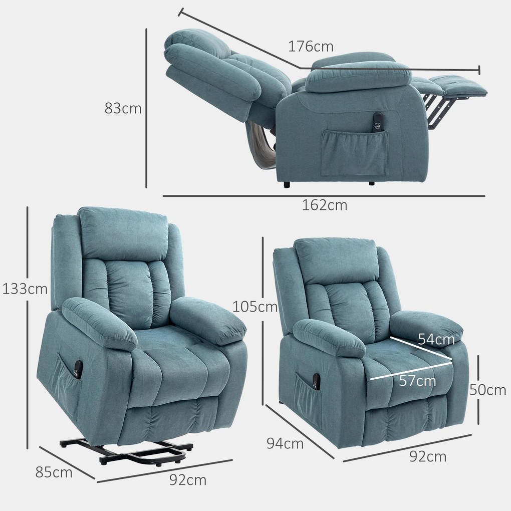 Poltrona Relax Reclinável Elétrica Elevatória com Porta USB Controlo Remoto Assento Amplo Apoio para os Pés Azul
