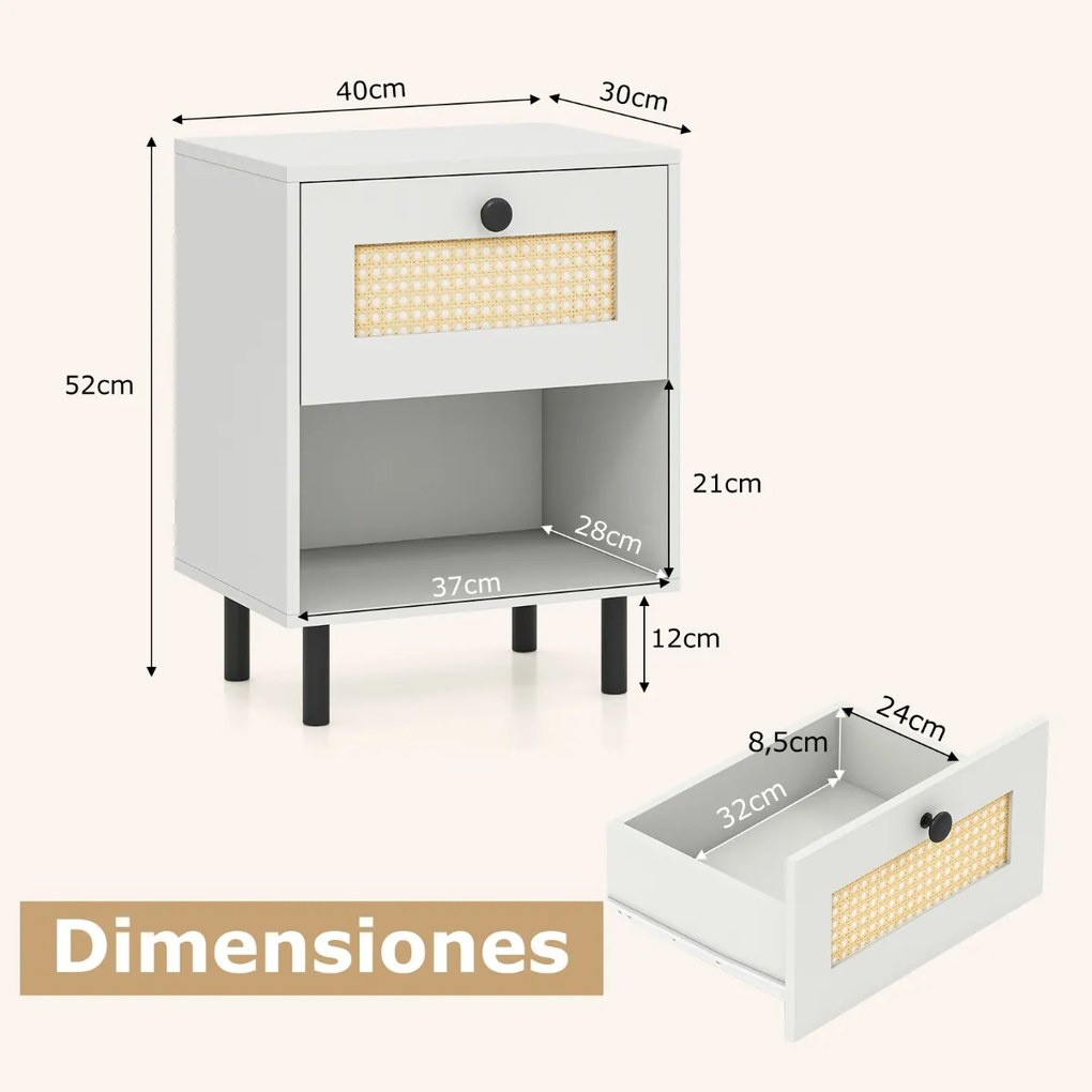Mesa de cabeceira com gaveta estilo boémio, com pés de metal e compartimento aberto 40 x 30 x 52 cm Branca
