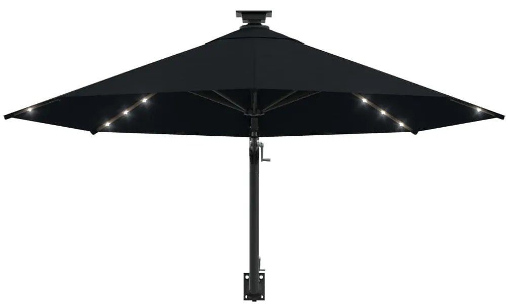 Guarda-sol para jardim de parede com luzes LED 300 cm preto