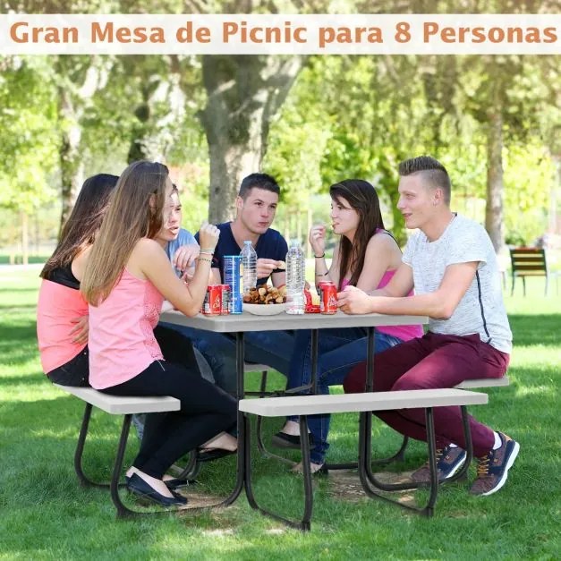 Conjunto de moveis jardim Mesa redonda e 4 bancos para 8 pessoas Carga 225 kg para jardim terraço campismo Cinzento
