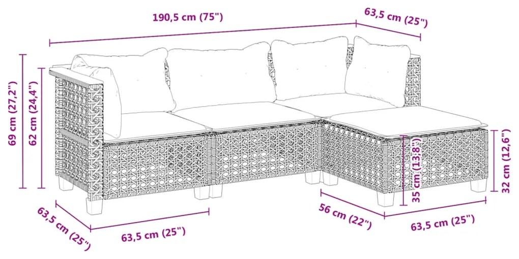 4 pcs conjunto de sofás para jardim c/ almofadões vime PE preto