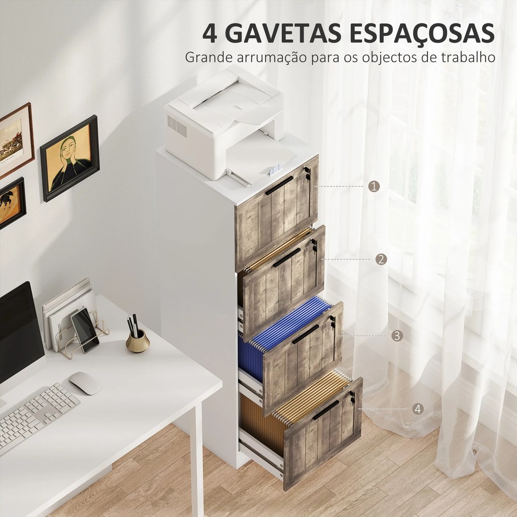 Bloco de Gavetas de Escritório com 4 Gavetas Fecho e 2 Chaves e Barras para Pendurar A4 Carta 39,4x40x129 cm Branco e Madeira