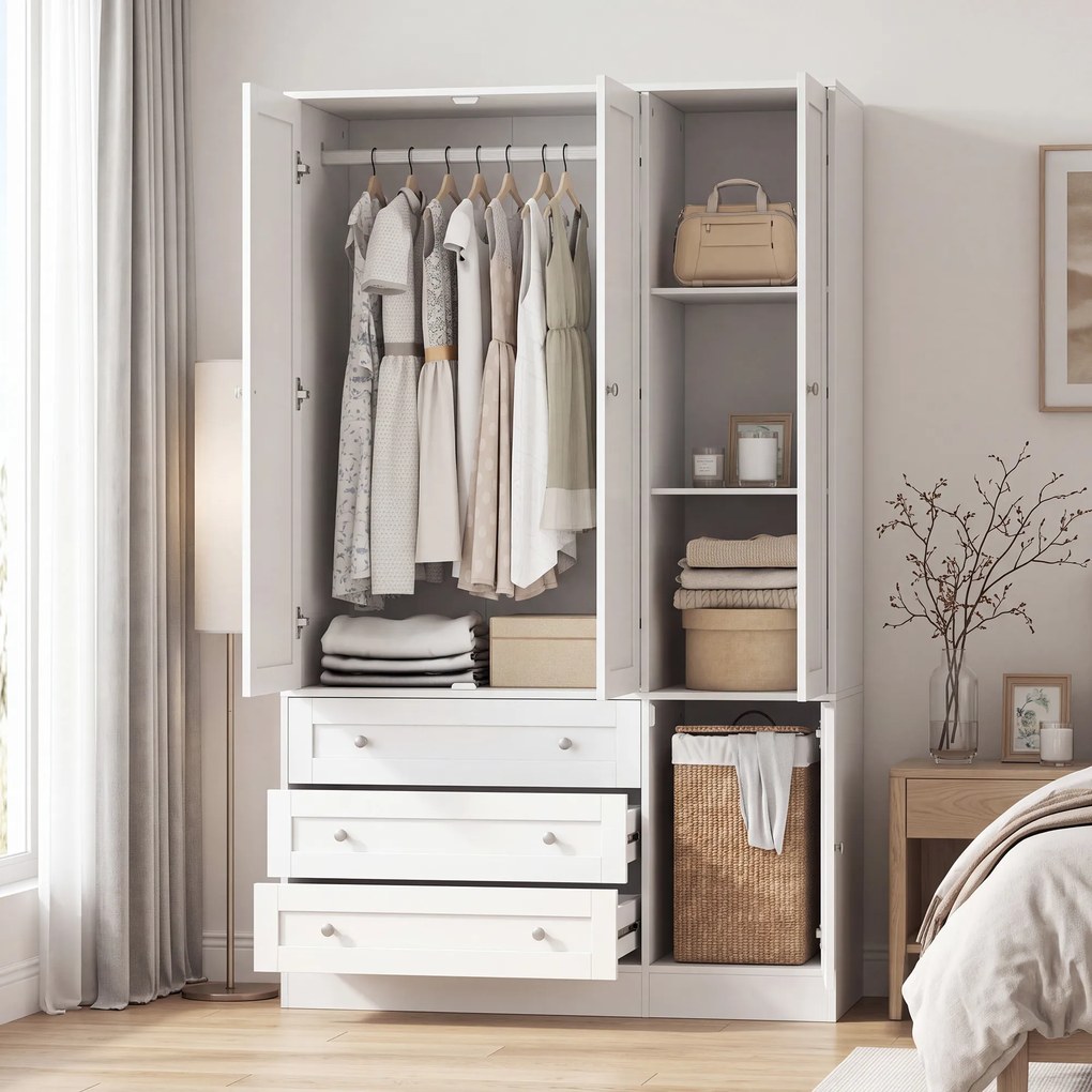 Guarda Roupa de Quarto, 120 x 50 x 176,5 cm, 4 Portas e 3 Gavetas, Branco