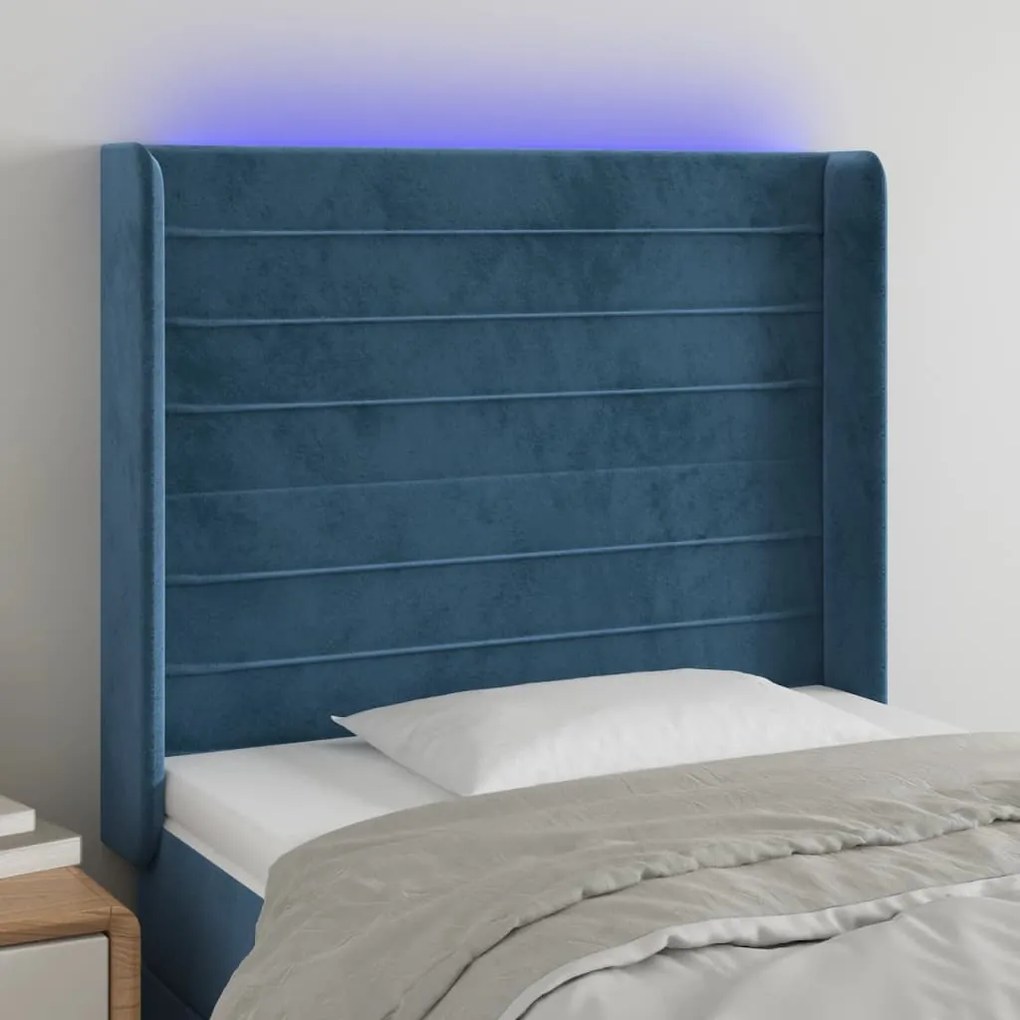 Cabeceira cama c/ luzes LED veludo 103x16x118/128cm azul-escuro