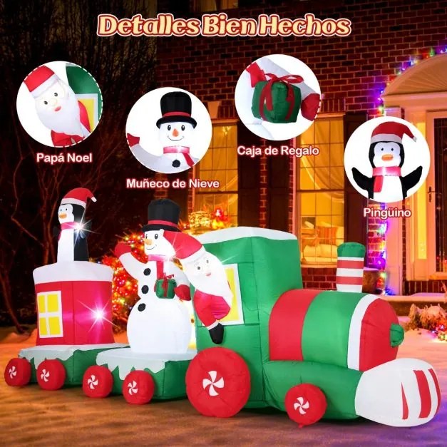 Comboio insuflável natal 350 cm com boneco de neve pinguim, caixa de presente e luzes LED, decoração gigante para exterior, festas no pátio ou relvado
