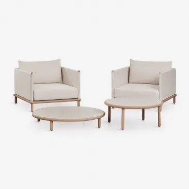 Conjunto De Sala Com 2 Poltronas E 2 Mesas De Centro Redondas Em Madeira De Acácia Olivia Gardénia Branco & Marrom Acácia Claro - Sklum