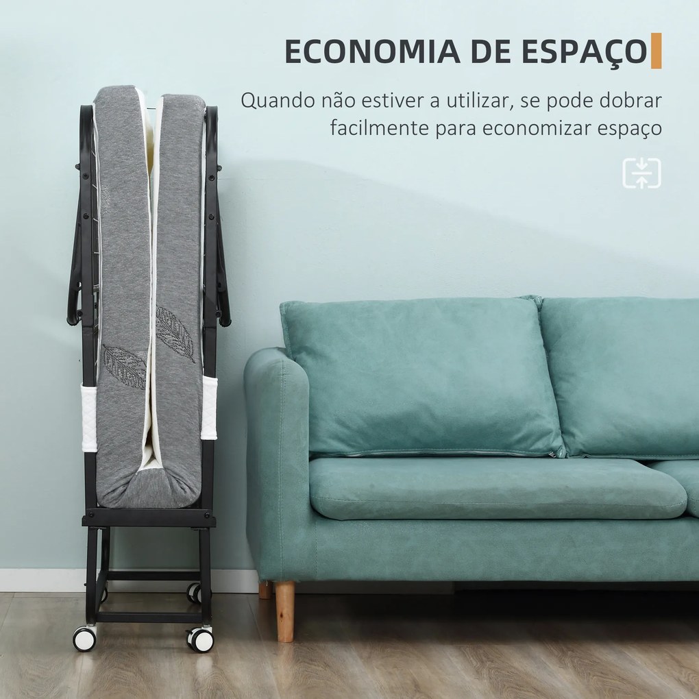 Cama Dobrável 200x75x42,5cm Cama de Campismo Portátil com Colchão Individual Rodas e Travões Carga Máxima 150kg Preta