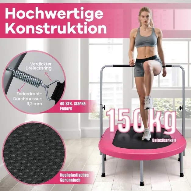 Trampolim para 2 pessoas com alça ajustável em altura Mini trampolim 154 x 90 x 92 -132 cm Rosa