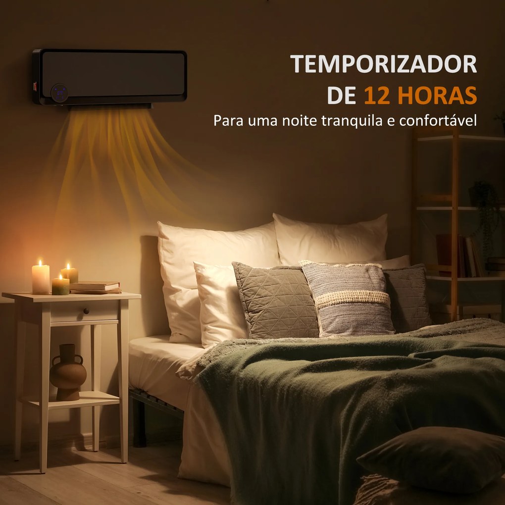 Aquecedor Cerâmico de Parede 1000W/2000W com Controle Remoto Tela LED Temporizador de 12h Termostato 56x18,5x11,7 cm Preto