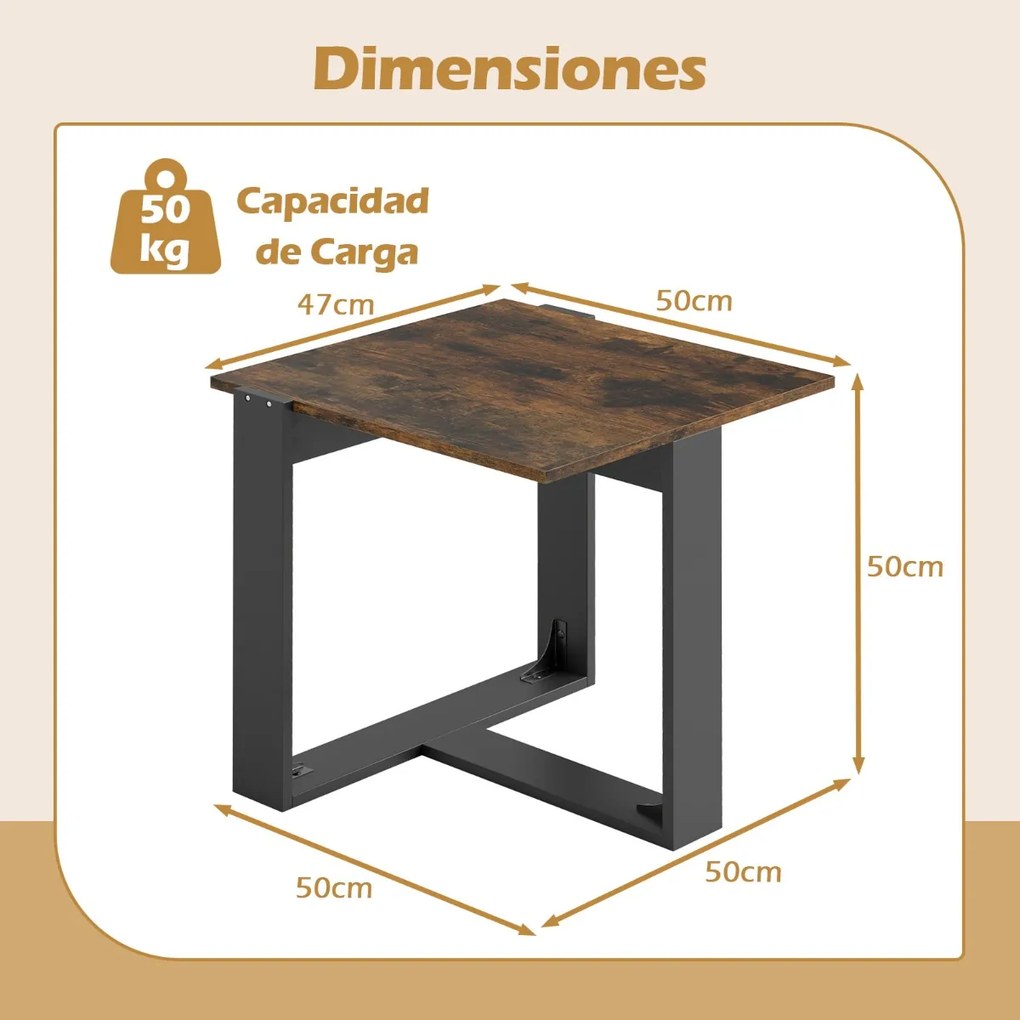 Mesa cabeçeira, Mesa apoio 50 x 50 x 50 cm com base em metal em forma de T para espaços pequenos para sala de estar ou quarto Castanho e preto