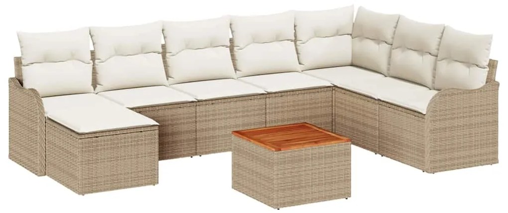 Conjunto de Sofá de Jardim de 9 Peças com Almofadas Bege Vime Sintétic