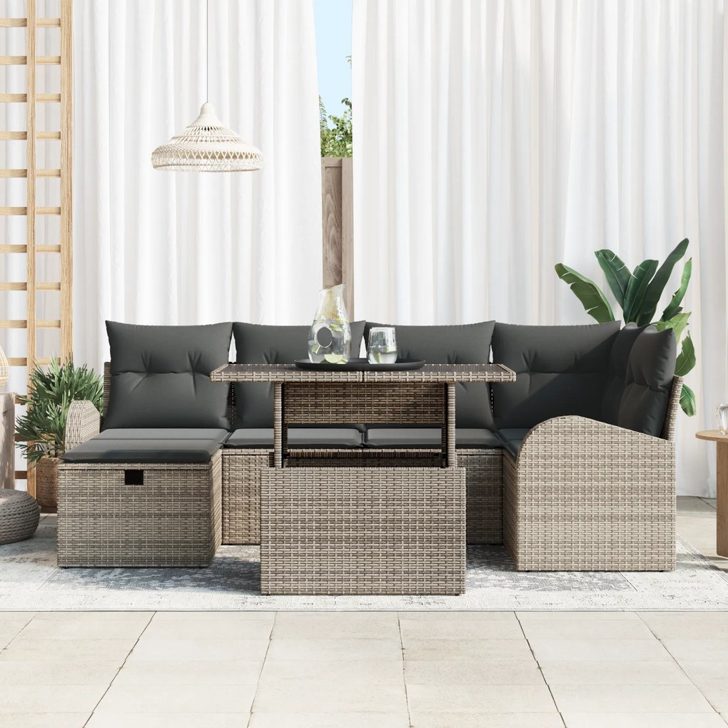 Conjunto de Sofá de 7 Peças com Almofadas Rattan Sintético Cinza.