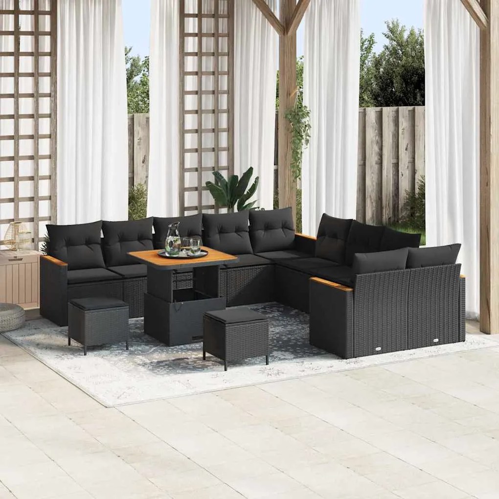 Conjunto de Sofá para Jardim vidaXL com 13 Peças e Almofadas Preto Ratan Sintético Acácia